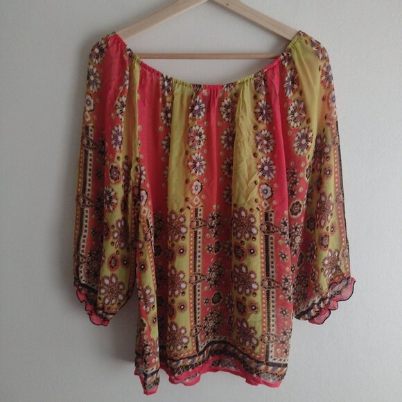 Anthropologie Fei Silk Floral Boho Blouse L Yellow Red Stripe w Floral - Picture 6 of 7